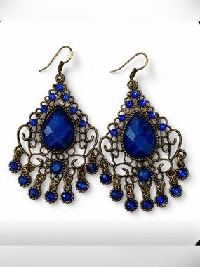 VINTAGE Blue Chandelier Earrings Boho Filigree Teardrop Statement Dangle